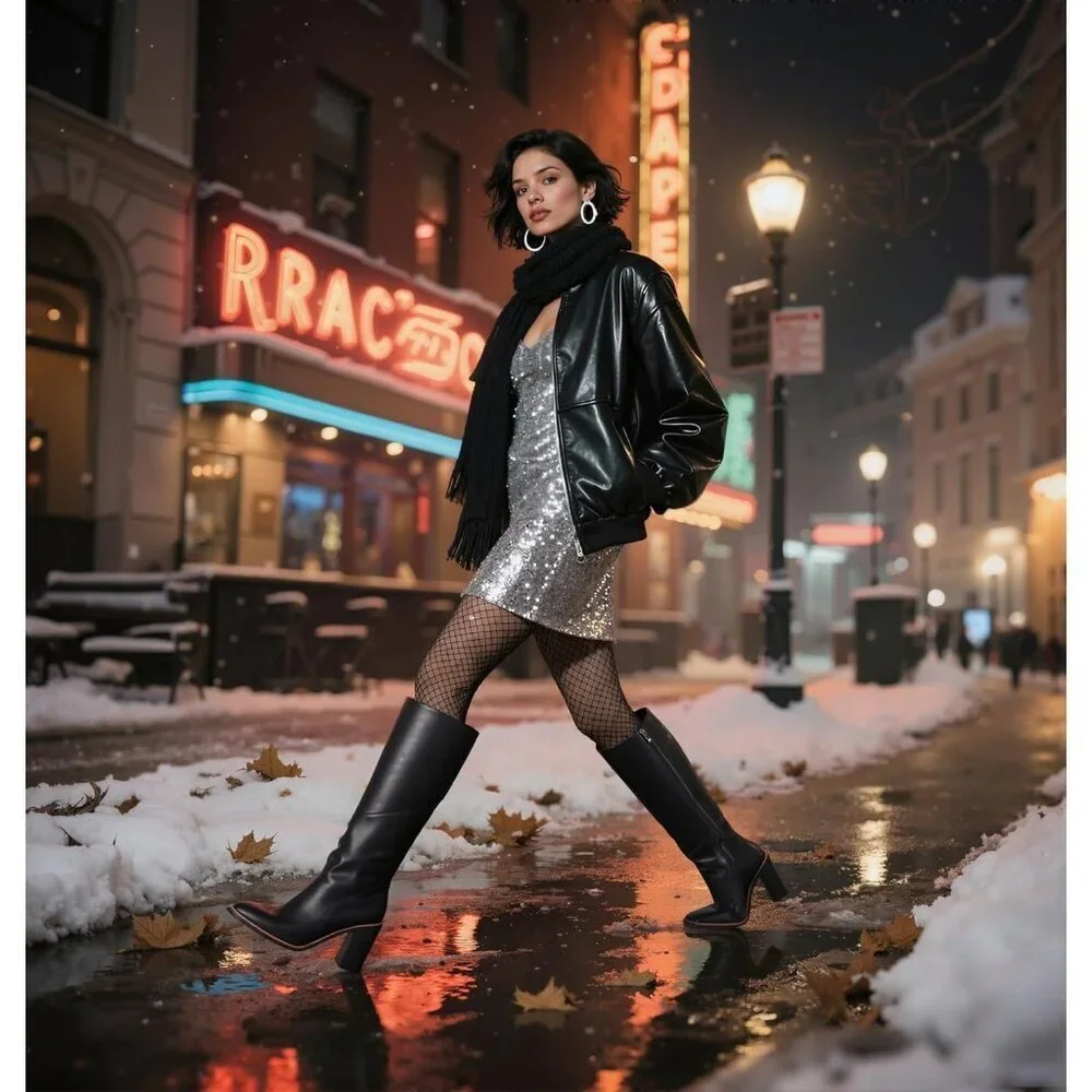 Women’s Polyurethane Black Waterproof Square Toe Chunky Block Heel Leather Boot